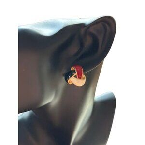 Vintage Red Black & White Enamel Knot Clip-On Earrings Gold-Tone Finish